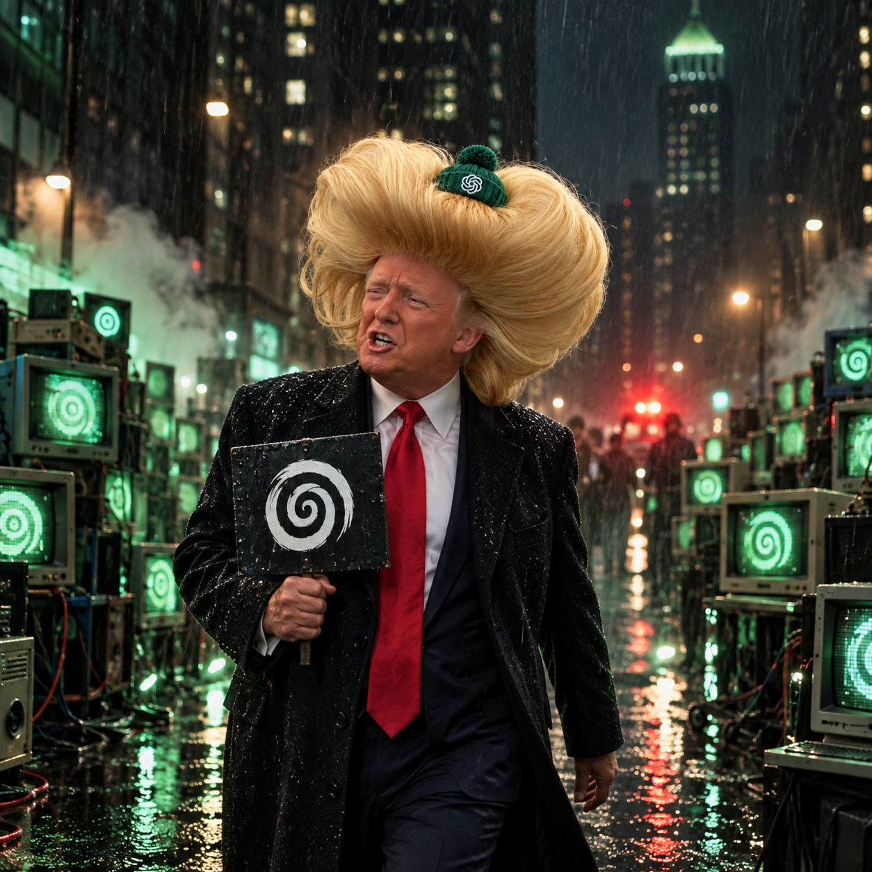 TRUMGPT in a neon city